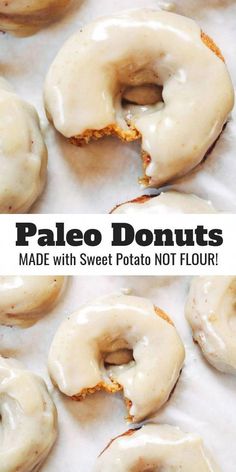 glazed doughnuts with white frosting on a sheet of parchment paper and the words paleo donuts made with sweet potato not flour