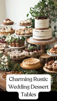 A beautifully arranged rustic wedding dessert table featuring cakes, pies, cookies, and treats, decorated with natural elements like wooden platters and greenery for a charming and cozy celebration atmosphere. Fall Wedding Dessert Tables, Cookie Table For Wedding Reception, Pies Wedding Display, Wedding Desserts Bar, Engagement Party Dessert Table Ideas, Fun Wedding Dessert Ideas, Rustic Fall Dessert Table, Pie Table Wedding, Rustic Wedding Dessert Table Ideas