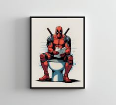 a deadpool sitting on top of a toilet reading a book