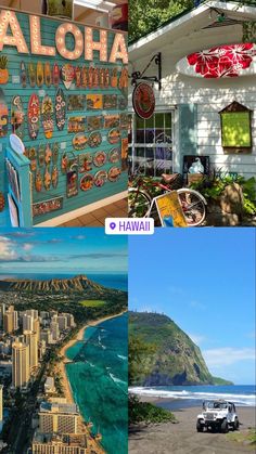 the collage has pictures of hawaii and other things