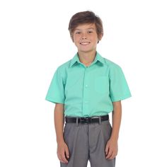 High Quality Boys Short Sleeve with Solid Colors. 60% Cotton & 40% Polyester. Stand Up Collar, Button Down. Machine Washable with Cold Delicate Cycle. Do Not Bleach Tumble Dry Low or Line Dry. Iron or Steam with Low Heat Solid Color Short Sleeve Dress Shirt For Spring, Solid Short Sleeve Dress Shirt For Spring, Fitted Green Button-up Short Sleeve Shirt, Green Shirt For School In Summer, Green Shirt For School In Spring, Collared Shirt For School In Summer, Green Spring Shirt For School, Collared Summer Shirt For School, Solid Summer Shirt For School