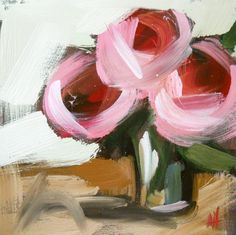 a painting of three pink roses in a vase