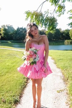 Pink Beaded Ruffle Short Dress with Bow Short Dress With Bow, Ruffle Short Dress, Dress Sweet 16, Pink Princess Dress, Winter Formal Dresses, Junior Prom Dresses, A Line Shorts, Pink Beaded, Pretty Prom Dresses