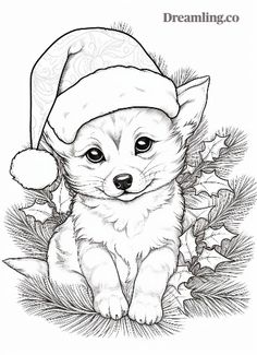 a puppy wearing a santa hat sitting in the grass with holly branches and pine cones