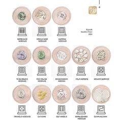 the different types of coins are shown on this page, with numbers and symbols in each coin