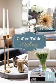 coffee table styling with candles and flowers in vases, books on the end tables