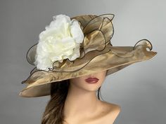 "Vogue hats are perfect for horse racing events, church, the Kentucky derby, weddings, garden tea parties and charity events. There is a tie on the inside of the hat that helps adjust the size from large to small. 100% Brand new, hand made and high quality. One size hat (20\"-22\") Thank you very much for shopping  at my shop. Have a great day." Elegant Gold Top Hat For Church, Elegant Gold Top Hat For Formal Occasions, Gold Wide Brim Top Hat For Party, Gold Wide Brim Mini Hat For Kentucky Derby, Gold Wide Brim Mini Hat For Royal Ascot, Elegant Gold Top Hat For Royal Ascot, Gold Brimmed Hat For Royal Ascot, Gold Brimmed Mini Hats For Kentucky Derby, Gold Hats For Church And Royal Ascot