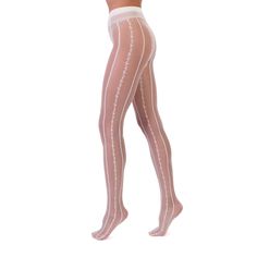 Bring a little something extra to your tights collection, with this striking sheer tight with a striped floral pattern. Lustrous finish, feels modern and beautiful, a wonderful addition to your tights drawer. 80% Polyamide, 20% Elastane  Gentle Wash Cold Fitted White Feminine Legwear, Fitted Feminine White Legwear, Elegant White Fitted Tights, Fitted White Spring Hosiery, Elegant Thigh High Hosiery For Spring, Elegant White Thigh-high Tights, Elegant Thigh High Spring Hosiery, Elegant White Stretch Legwear, Fitted Feminine Legwear For Spring