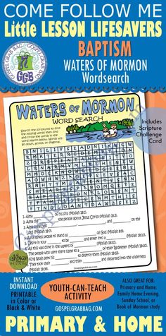 the waters of mormon worksheet for primary and middle school students is shown in this poster