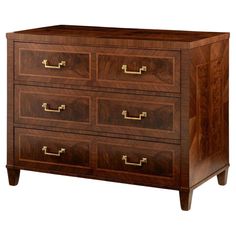 the chest of drawers is made out of wood and has brass hardware on each drawer