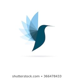 a hummingbird flying with blue wings and leaves on it's back side, logo design