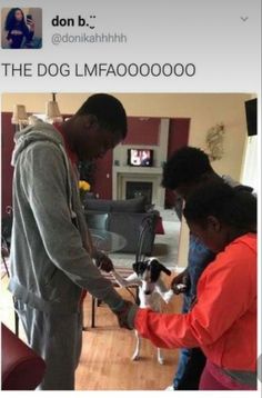 two men and a dog standing in a living room with the caption don't blink