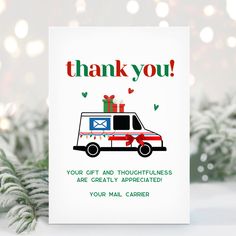 a thank you card with an image of a van and presents on the back that reads, thank you your gift and thoughtfulness are greatly associated