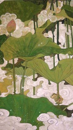 a painting of water lilies and clouds in the sky with green leaves on them