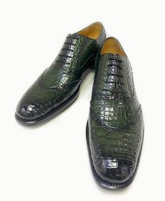 Burnished Alligator Lace-Up Oxford Green Exclusively for C & E, this Completely Handmade, Hand Burnished Genuine Alligator lace-up oxford from the Ugo Vasare collection features Goodyear Welted construction, soft Calfskin lining, a Cap Toe, Decorative Perforations with Pinking Detail, a stitched welt and a full Leather sole! This Style is Available by Pre Order only in Black, Brown, Cognac, Blue, Grey and Green. Once ordered, the shoes will be shipped in 4-6 weeks. Crocodile Loafers, Cordovan Shoes, Grey And Green, Alligator Crocodile, Formal Loafers, Shoe Horn, Wide Shoes, Shoe Tree, Suede Sandals