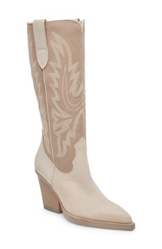 Intricate stitching maximizes the Western style of a knee-high boot lifted by a sturdy block heel. 3 1/2" heel (size 8.5)   12 1/2" shaft; 15 3/4" calf circumference.   Leather upper/100% recycled linen lining/synthetic sole   Imported Suede Western Boots, Knee High Western Boots, Western Boots Women, Western Boot, Swag Shoes, White Boots, Western Cowboy Boots, Western Cowboy, Western Boots