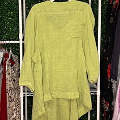 Brand New With Tags. Size Xs. Does Have An Oversized Fit. Spring Casual Tunic With 3/4 Sleeves, Casual Spring Tunic With 3/4 Sleeves, Casual Flowy Tunic For Spring, Flowy Casual Spring Tunic, Summer Long Sleeve Tunic With Pockets, Spring Relaxed Fit Tunic With Pockets, Spring Tunic With Pockets And Relaxed Fit, Spring Green Lagenlook Tops, Fitted Green Tunic For Spring