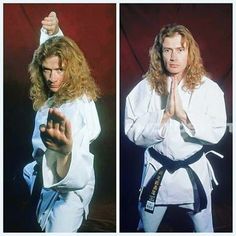 two pictures of the same person in karate gear, one with his hands up and another with his hand out