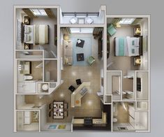 an overhead view of a two bedroom, one bath apartment with living room and kitchen