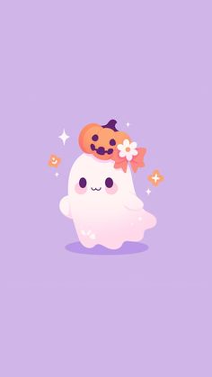 a cartoon ghost with a pumpkin on its head and flowers in her hair, standing against a purple background