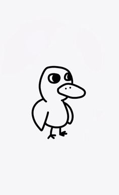 a black and white drawing of a duck with big eyes on it's head