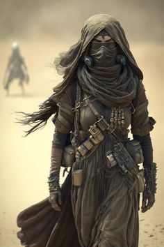 a woman in a desert outfit walking through the sand