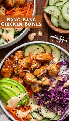 two bowls filled with chicken and veggies covered in sauce