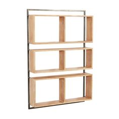 three wooden shelves with metal frames against a white background