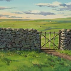 a painting of a stone wall with a gate in the foreground and green grass on the other side