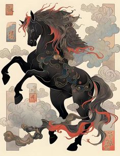 a painting of a black horse with red manes and clouds in the sky behind it