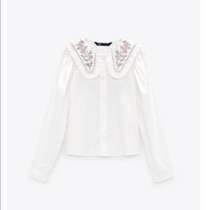 Size: S New With Tags Chic Floral Embroidery Blouse For Fall, Chic Floral Embroidered Blouse For Fall, Chic Floral Embroidery Shirt For Spring, Chic Floral Embroidered Shirt For Spring, Chic Floral Embroidery Tops For Work, Chic Collared Blouse With Floral Embroidery, Chic White Shirt With Floral Embroidery, White Collar Blouse For Day Out, Zara Blouse With Floral Embroidery For Fall