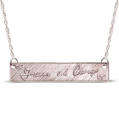 An absolutely one-of-a-kind gift, this necklace features a meaningful message in your own handwriting. 10K rose gold The textured bar pendant is embossed with your chosen message — provided by you and expertly transferred using modern technologyCustomize the look with a name or message inscribed on the back of the pendant 18-inch rope chain with spring ring clasp Please follow these steps: 1) Place your order; 2) Text your photo from your smartphone to (330) 435-8997; and 3) When prompted, pleas Text Messaging, Meaningful Messages, Accessories Jewelry Necklace, Bar Pendant, 1 Place, Rope Chain, Bar Necklace, Your Photo, Spring Rings