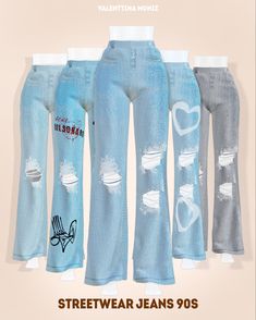 five different colored jeans with hearts drawn on them and the words streetwear jeans 90's written in white