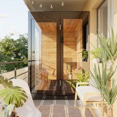 a balcony with two chairs and plants on the floor, next to an open door