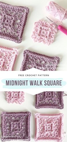 the crochet pattern for midnight walk square is shown in pink and purple, with text overlay that reads free crochet pattern