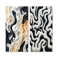 two abstract paintings with black, white and orange colors on the same piece of paper