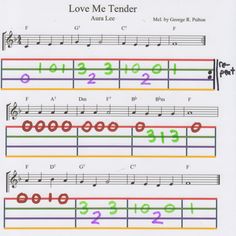 sheet music with the words love me tender written in multicolored letters and numbers