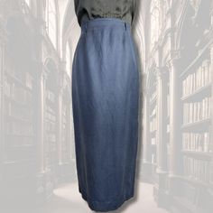 Perfect for fall - a very "dark academia" aesthetic navy blue long pencil skirt, in a luxurious silk/linen blend. Pairs beautifully with a billowy vintage blouse, or a modern graphic tee - so versatile and timeless! Brand is "Talbots Collection." 63% silk, 37% linen. Tag size 10. 38" Long 30" Waist 42" Hips 18" Side Slit Bundle Discount Get 10% off when you purchase two or more items from Terra Exchange with code TERRABUNDLE FREE SHIPPING! On any order totaling $35 or more (only valid within the U.S.) Librarian Aesthetic, Dark Academia Skirt, Academia Skirt, Aesthetic Navy, Maxi Pencil Skirt, Skirt Silk, Long Pencil Skirt, Timeless Brand, Silk Linen