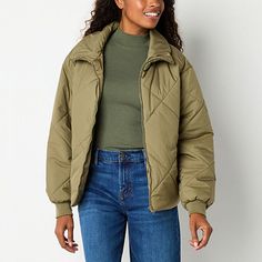 This a.n.a women's heavyweight puffer jacket is a chic yet cozy style to bundle up in when there's a chill. This quilted mid-length zip jacket has a collar neck and two pockets. Wear it over a fitted sweater with jeans. Closure Type: ZipperFit: Regular FitNeckline: Mock NeckPockets: 2 Side Zip PocketsSleeve Length: Long SleeveWarmth Factor: MidweightApparel Length: 26.5 InchesOuterwear Length: MidFiber Content: 100% PolyesterFabric Description: WovenFilling Content: 100% PolyesterLining Material Solid Color Spring Puffer Quilted Jacket, Trendy Hooded Quilted Jacket For Fall, Fall Relaxed Fit Outerwear With Zipper Closure, Trendy Fall Puffer Jacket For Cold Weather, Trendy Puffer Quilted Jacket For Cold Weather, Fall Outerwear With Zipper Closure And Relaxed Fit, Casual Puffer Jacket For Cold Weather In Fall, Relaxed Fit Outerwear For Cold Weather And Winter, Casual Fall Puffer Jacket For Cold Weather