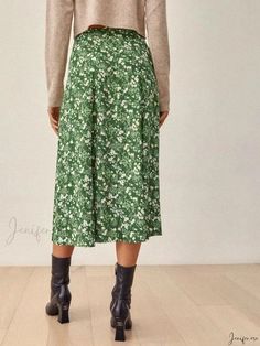 Floral Print Split Hem Midi Skirt Floral Print Non-stretch High Waist Skirt, Floral Print Skirted Bottoms For Fall, Non-stretch Floral Print Midi Skirt, Green Flowy Skirt For Spring, Spring Green Skirted Bottoms, Green Skirted Bottoms For Spring, Green Floral Print Flowy Skirt, Green Floral Print Long Skirt, Green Flared Skirt For Spring