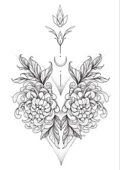 a drawing of flowers and leaves in the shape of a heart with a crescent on top