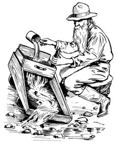 an old man sitting on the ground next to a wooden box with a hammer in it