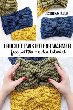 the crochet twisted ear warmer is made with two different colors and has a large bow