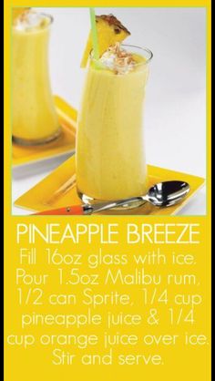 an advertisement for pineapple breeze with two glasses filled with ice and topped with a garnish