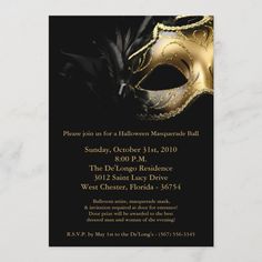 a black and gold masquerade party card with the words, please on it for a halloween masquerade ball