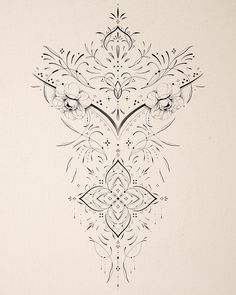 a drawing of an ornate design on a white paper background with black lines and flowers