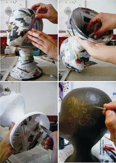 the process of making a paper mache head with newspaper pages on it's sides