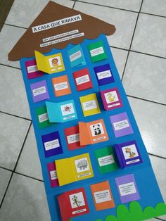 a bulletin board with different types of words on it and a house in the middle