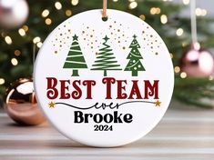 a ceramic ornament that says best team ever broke