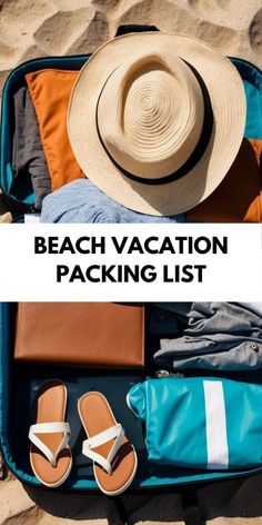 the beach vacation packing list is packed in an open suitcase